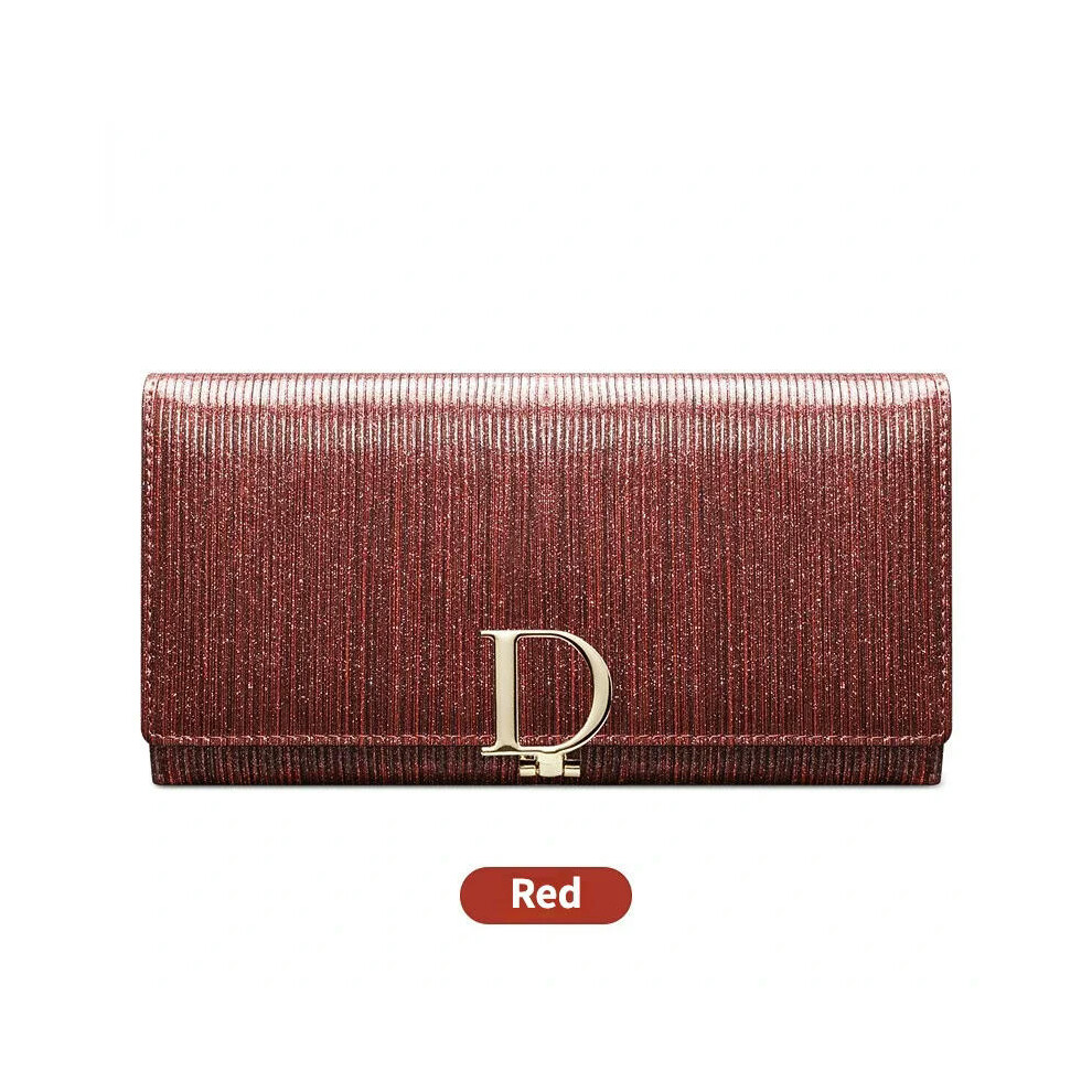 (Long Red) Buckle Genuine Leather Wallet Women Short Cowhide Handbag Anti-theft Brush Coin Purse Card Holder