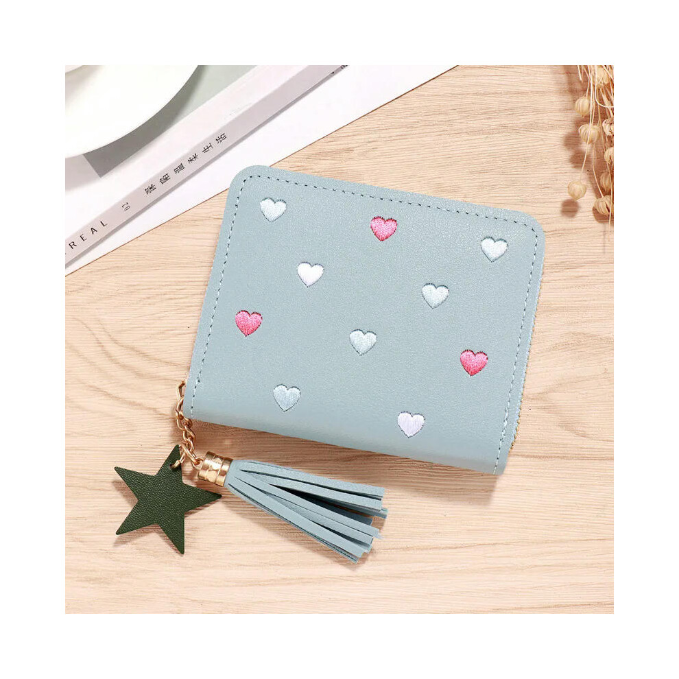 (Light blue) 2024 Women Small Wallet Ladies Mini Tassel Wallet Cute Girl Short Zipper Lovely Pu Leather Coin Purse Female Hand Wallet Cartera