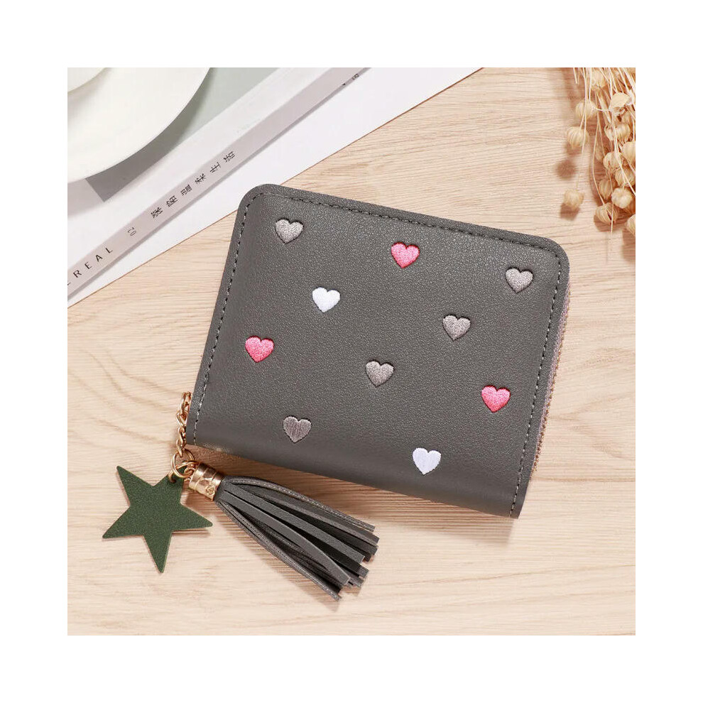 (Grey) 2024 Women Small Wallet Ladies Mini Tassel Wallet Cute Girl Short Zipper Lovely Pu Leather Coin Purse Female Hand Wallet Cartera