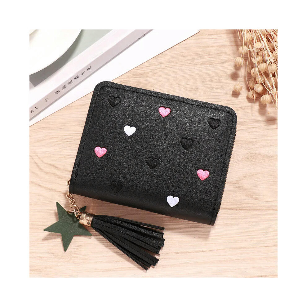 (Black) 2024 Women Small Wallet Ladies Mini Tassel Wallet Cute Girl Short Zipper Lovely Pu Leather Coin Purse Female Hand Wallet Cartera