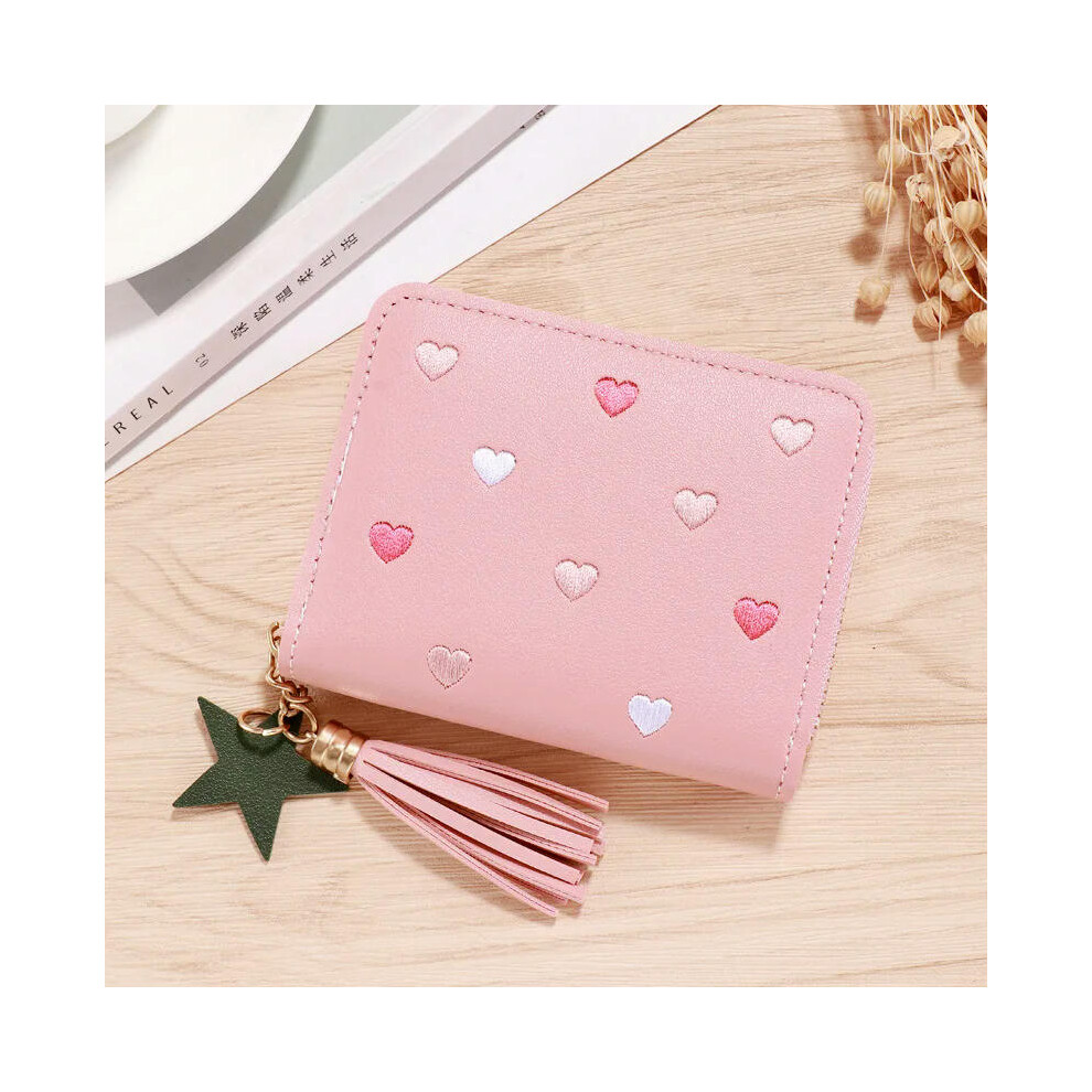 (Light Pink) 2024 Women Small Wallet Ladies Mini Tassel Wallet Cute Girl Short Zipper Lovely Pu Leather Coin Purse Female Hand Wallet Cartera