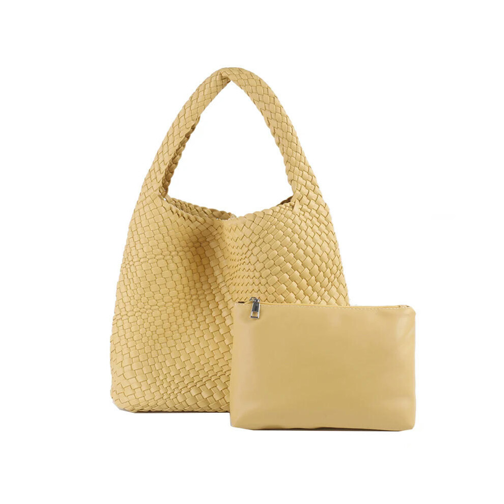 (Yellow) MOOWOO Fashion Ladies Bag Woven Bag PU Leather Cute Handbag Vegetable Basket Carry Tote Bags Messenger Shoulder Bag For Women