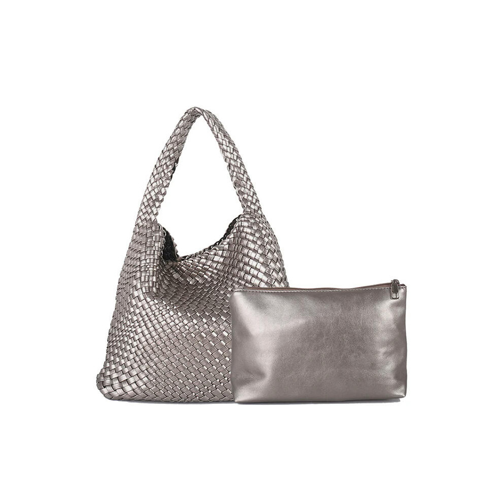 (Silver) MOOWOO Fashion Ladies Bag Woven Bag PU Leather Cute Handbag Vegetable Basket Carry Tote Bags Messenger Shoulder Bag For Women