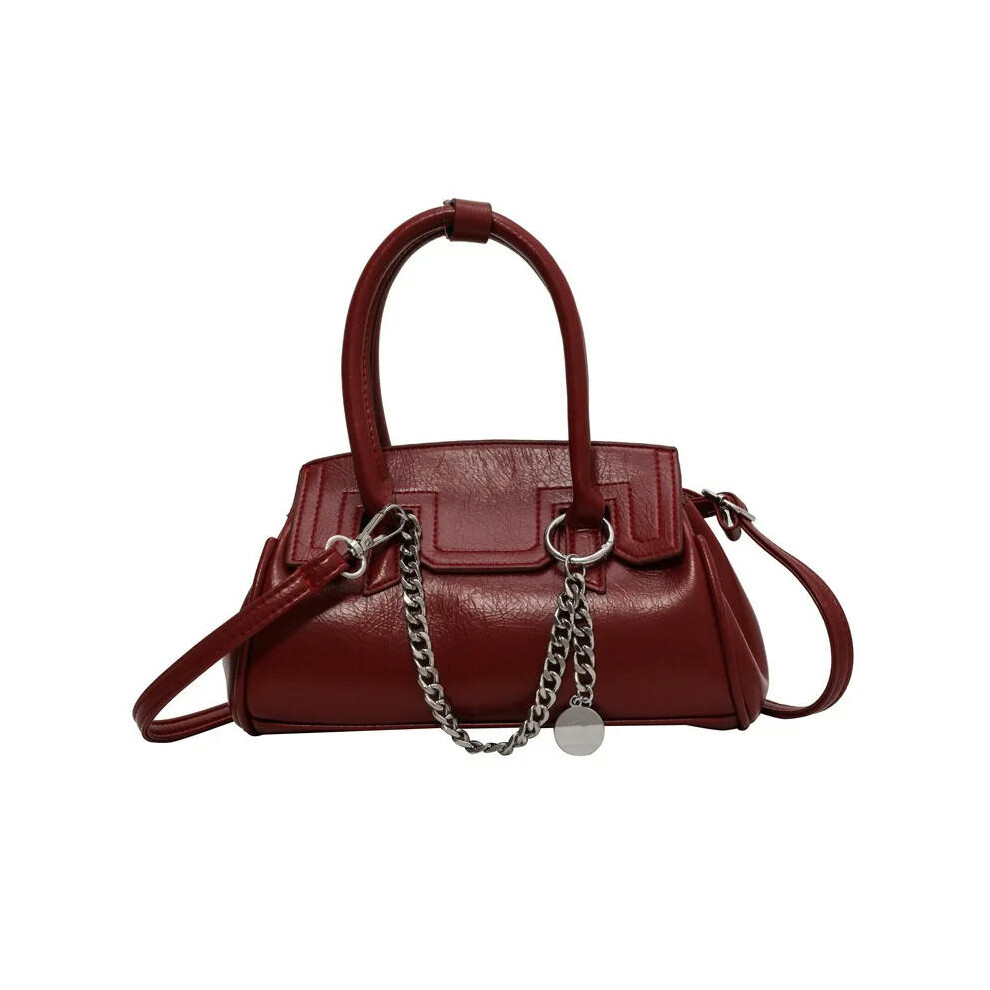 (Wine red) 2024 New Soft Handle Women's Handbag Leather Women's Versatile Small Crossbody Bag Fashion Shoulder Bag Women's Chain Handbag