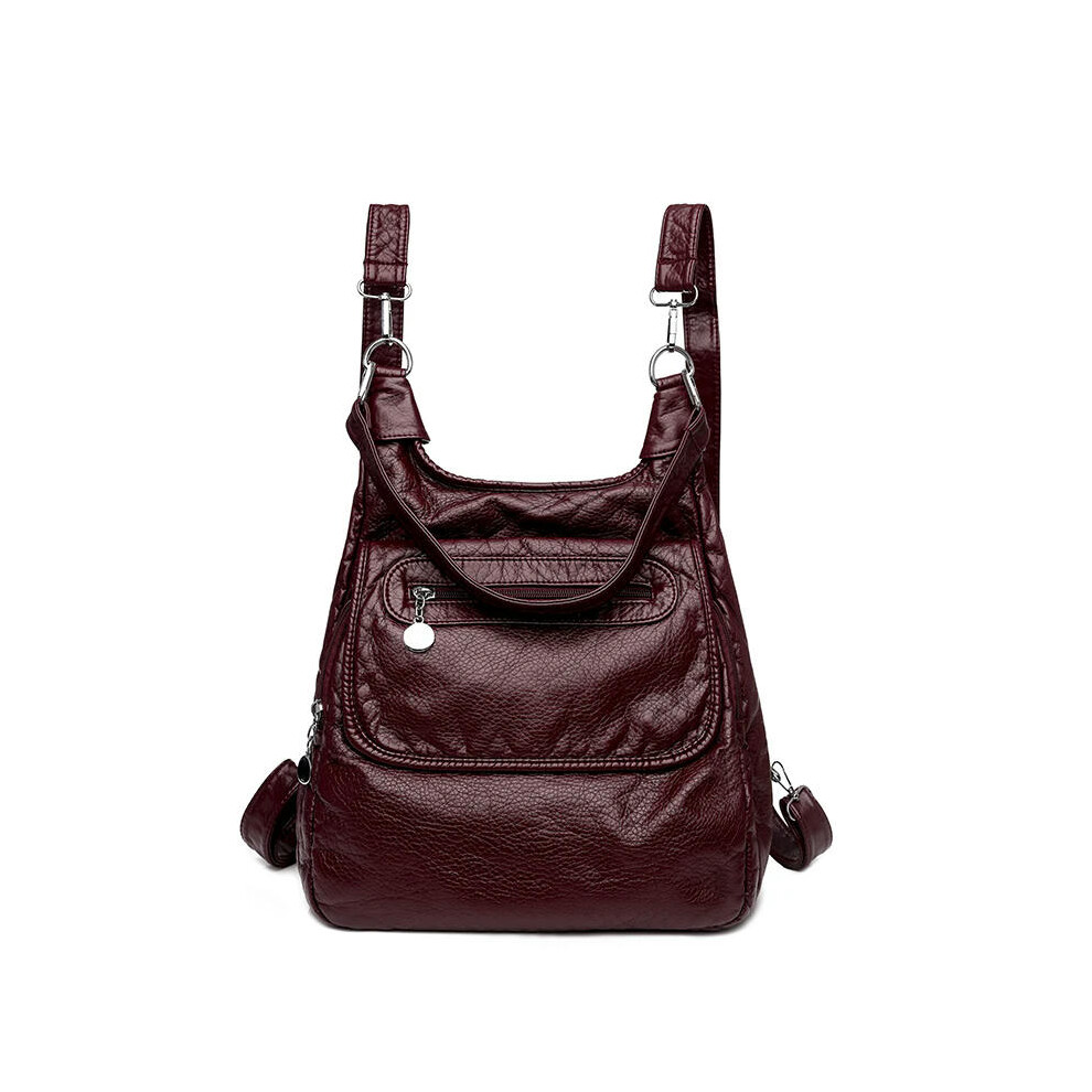 (WineRed) Multifunctional Backpacks Soft Washed PU Leather Shoulder Bags Large Capacity Anti-thief Backpack School Bag for Teenager Girls