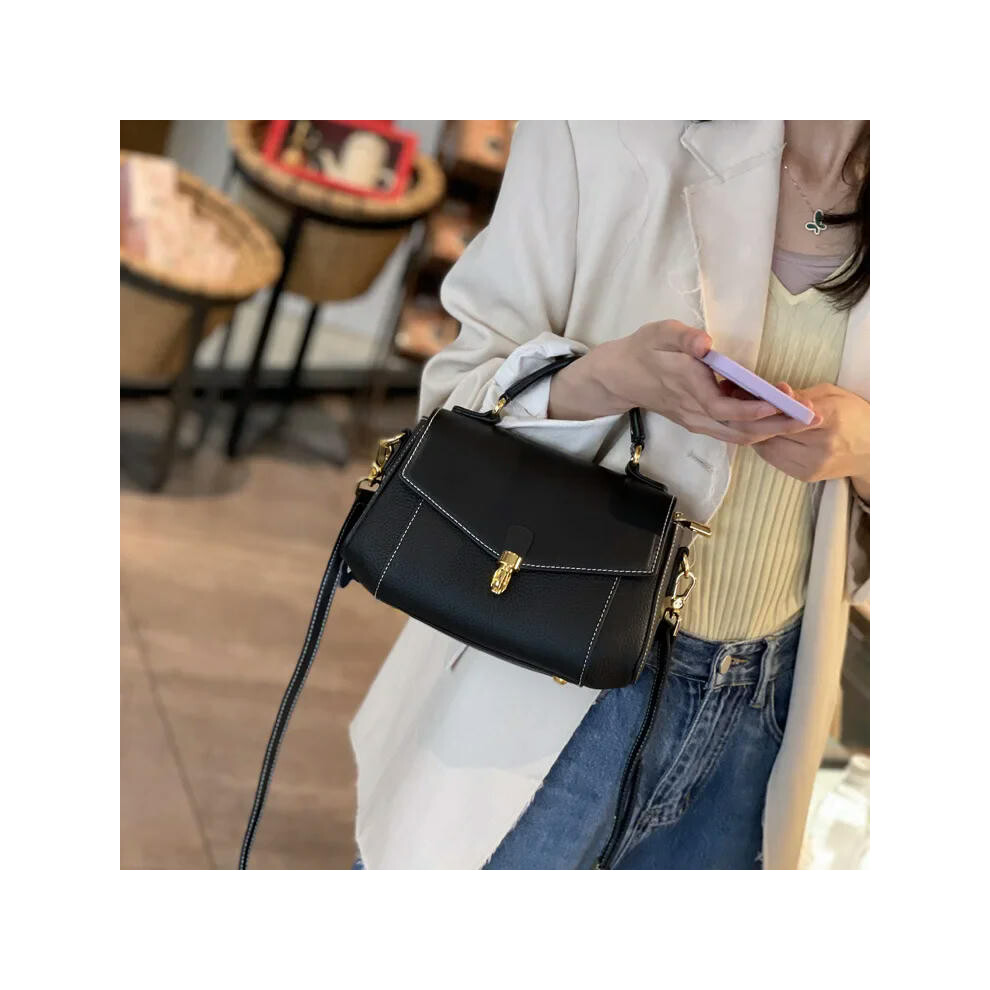 (Black) Cow Leather Women's Luxury Bag New Fashion Trendy All-match Genuine Leather Shoulder Bag Ladies' Cowhide Handbag High Quality