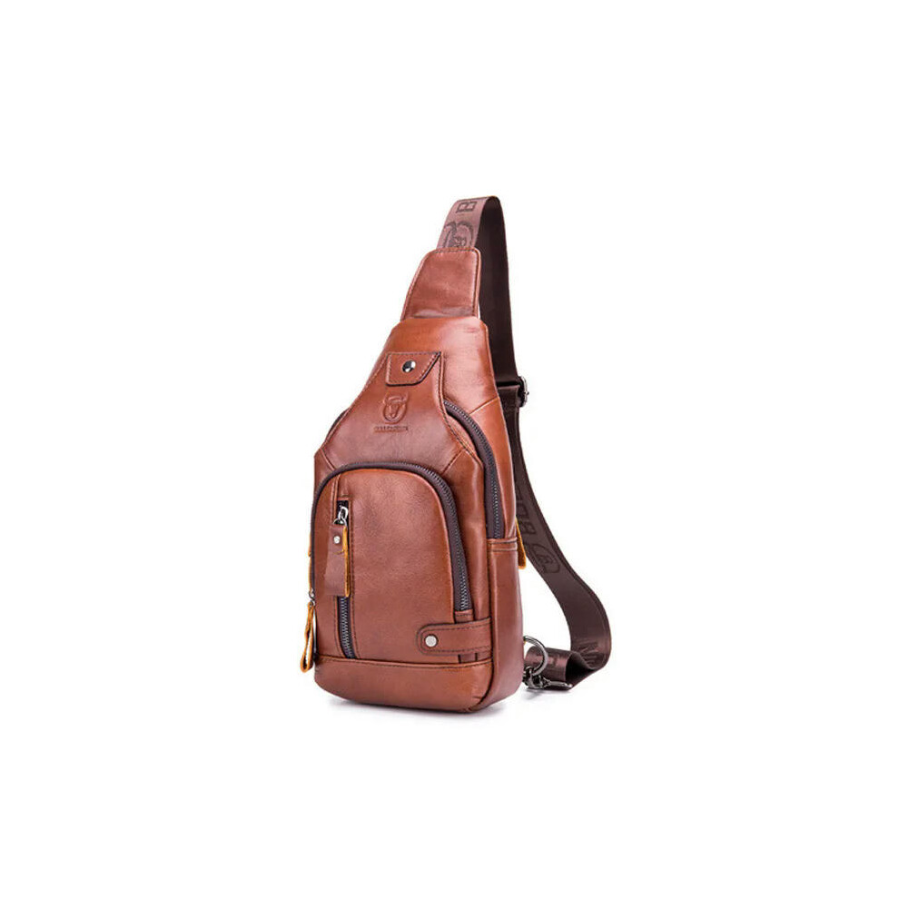 (Brown) 2023 new 100% cowhide Leather Casual Fashion Crossbody Chest Bag men's leather bag USB Charging Travel Shoulder Bag Daypack Male