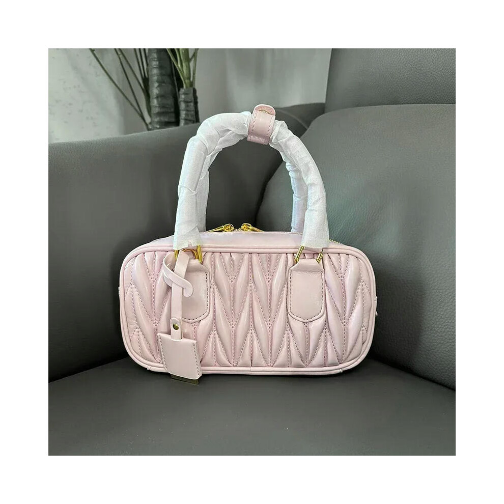 (Pink) Women Boston Handbag Brand Design Metal Letters Large Capacity Ladies Shoulder Bag Upgraded Leather Pleated Exquisite Girls Bag