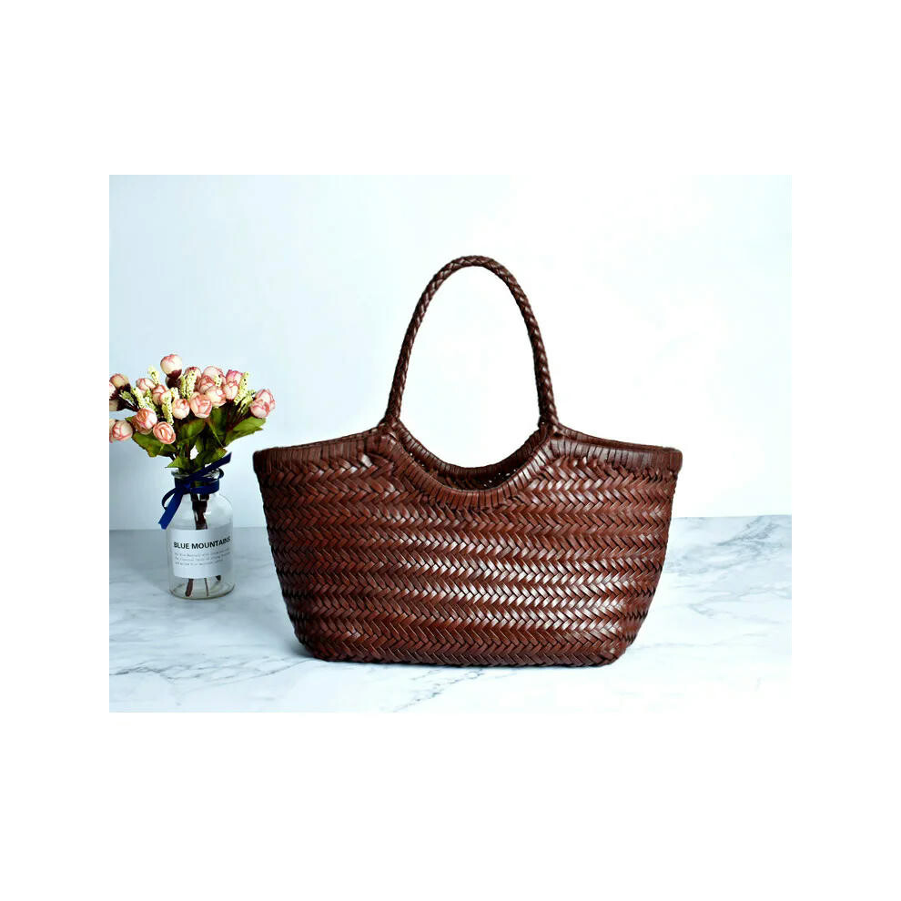 (coffee small) Top layer cow woven bag, genuine leather French vegetable basket bag