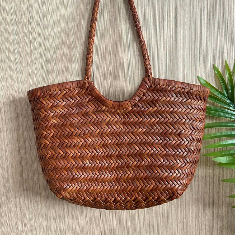 (deep brown big) Top layer cow woven bag, genuine leather French vegetable basket bag