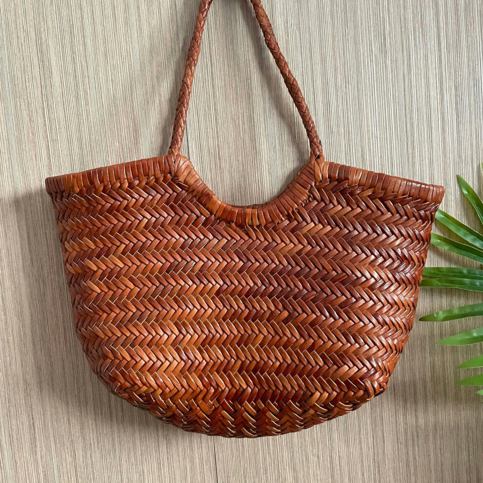 (deep brown small) Top layer cow woven bag, genuine leather French vegetable basket bag