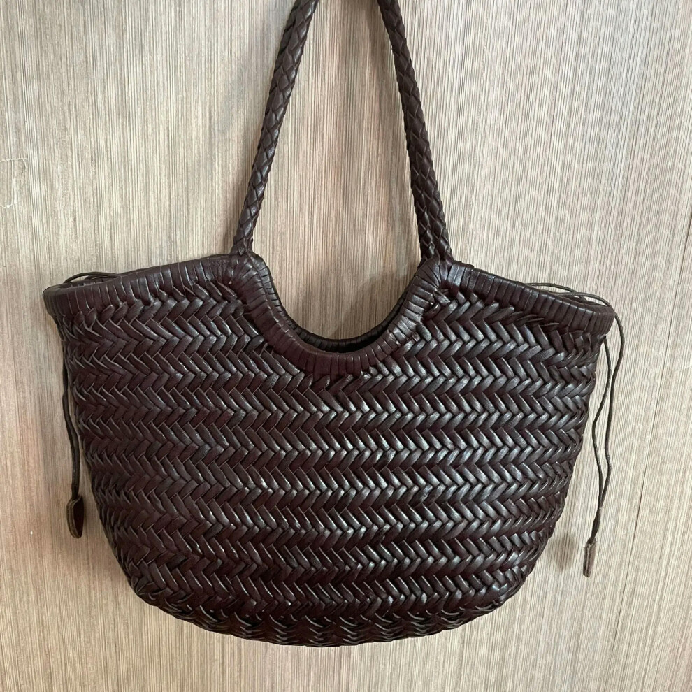 (coffee big) Top layer cow woven bag, genuine leather French vegetable basket bag