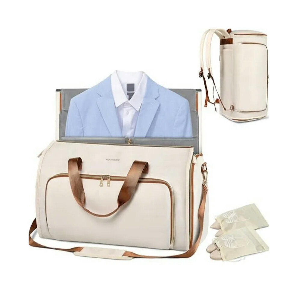 (Beige) Travel Suit Bag Convertible Garment Bag Wearable Folding Storage Hanging Clothes Bag Crossbody Convertible Backpacks