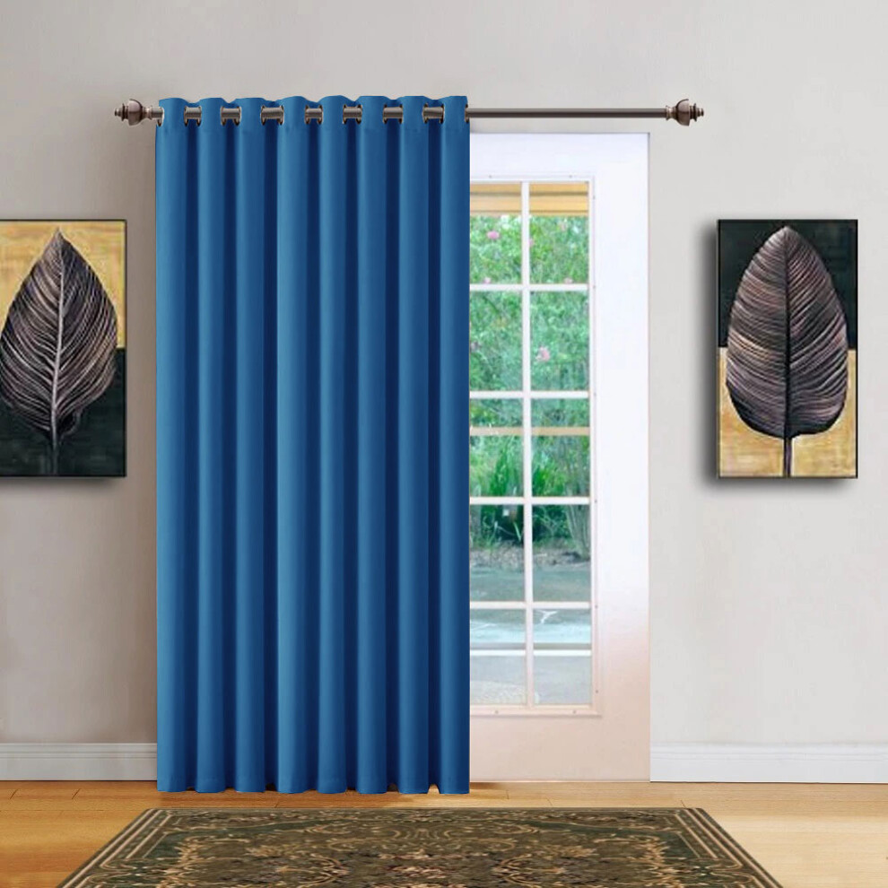 (Blue, 66" X 84") 100 % Blackout Eyelet Ring Top Curtain Pair Thermal Insulated With Tie Backs