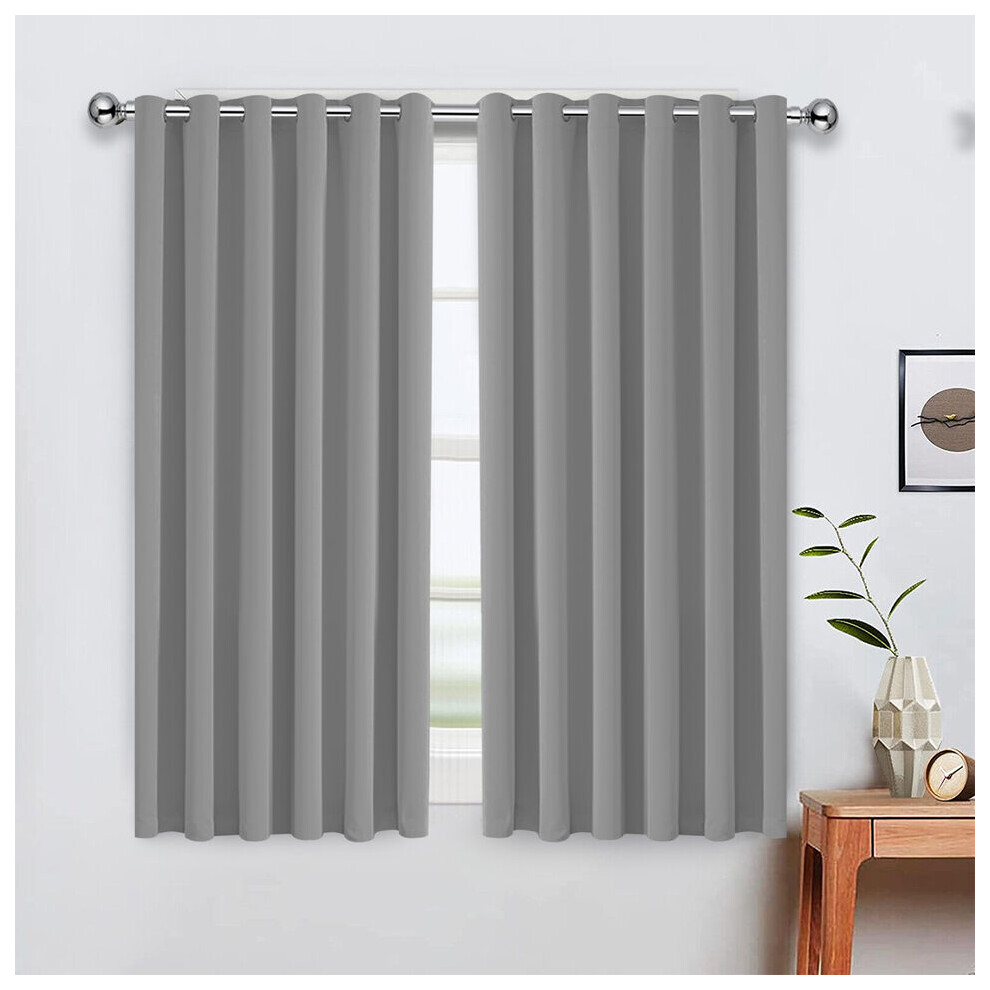 (Light Grey Silver, 46" x 54") 100 % Blackout Eyelet Ring Top Curtain Pair Thermal Insulated with Tie Backs