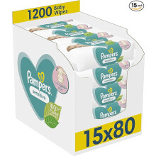 Pampers Sensitive Baby Wipes 15 Packs of 80 1200 Baby Wet Wipes Unscented For a Soft And Gentle Clean