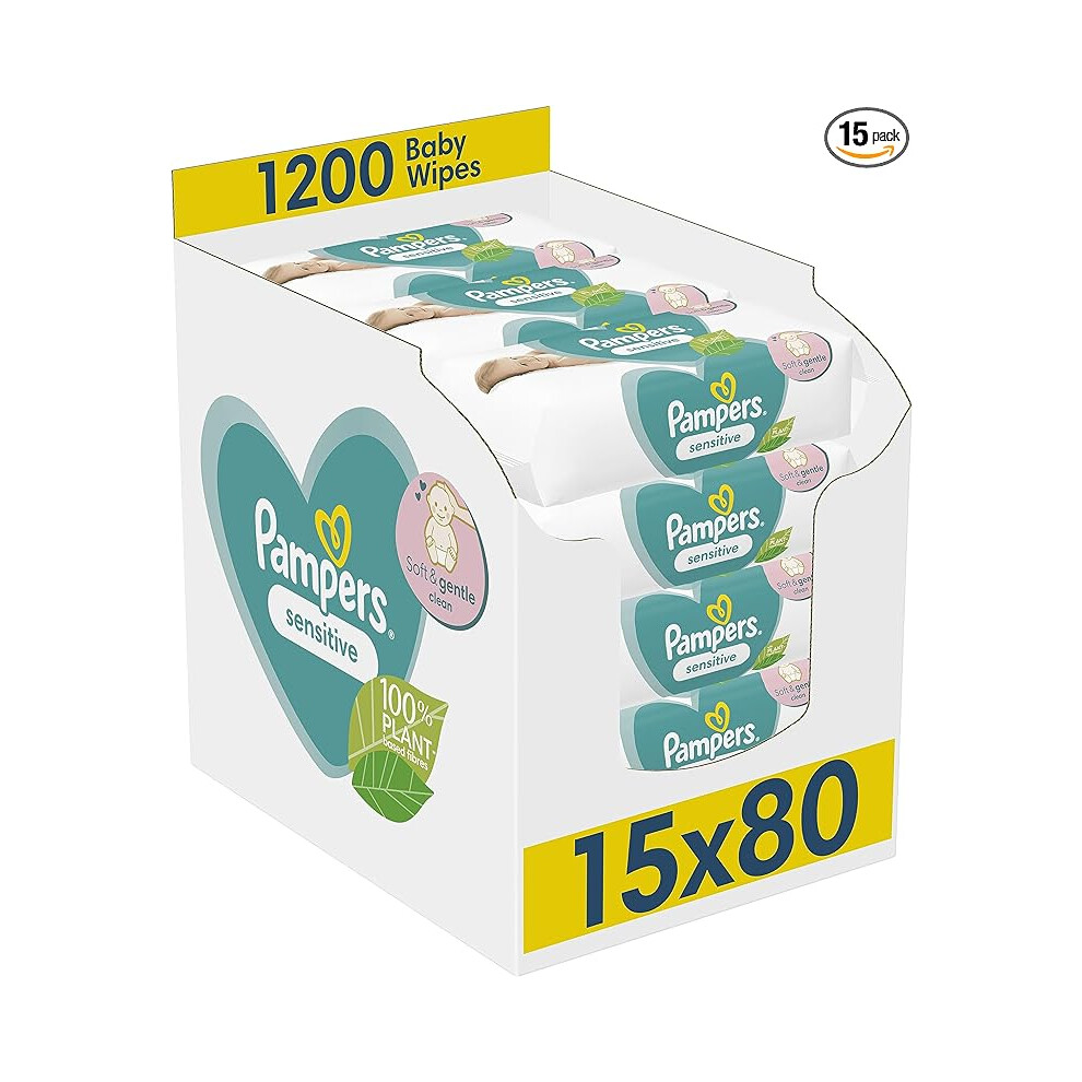 Pampers Sensitive Baby Wipes 15 Packs of 80  1200 Baby Wet Wipes Unscented For a Soft And Gentle Clean