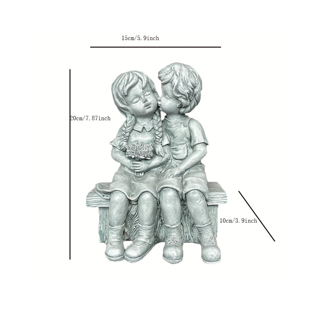 (white) Boy Kissing Girl Statue Sitting On Bench Figurine Kissing Couple Garden Sculpture