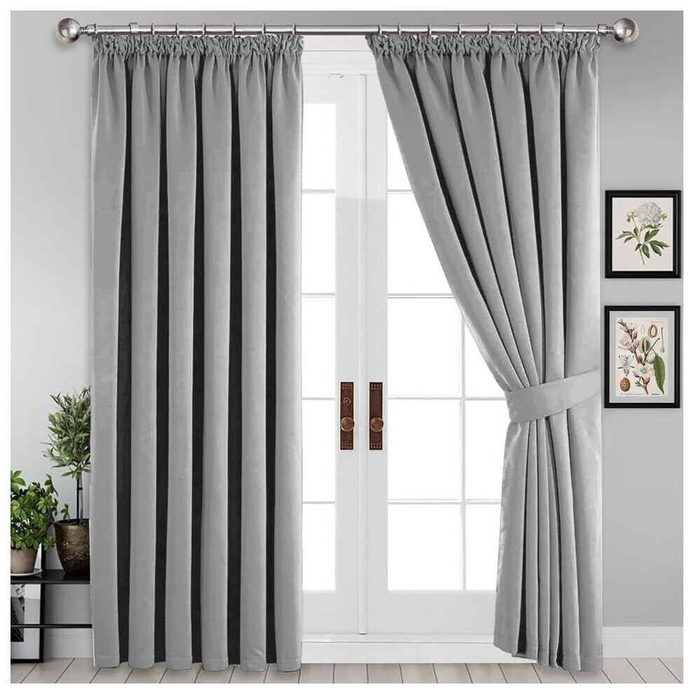 (Silver Light Grey, 66" x 72") Thermal Plain Curtain Pair Blackout Curtains Pencil Pleat Ready Made Pair of Curtain Panel with tie backs