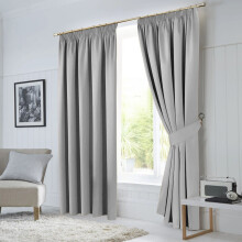 (Silver Light Grey, 90" x 90") Thermal Plain Curtain Pair Blackout Curtains Pencil Pleat Ready Made Pair of Curtain Panel with tie backs