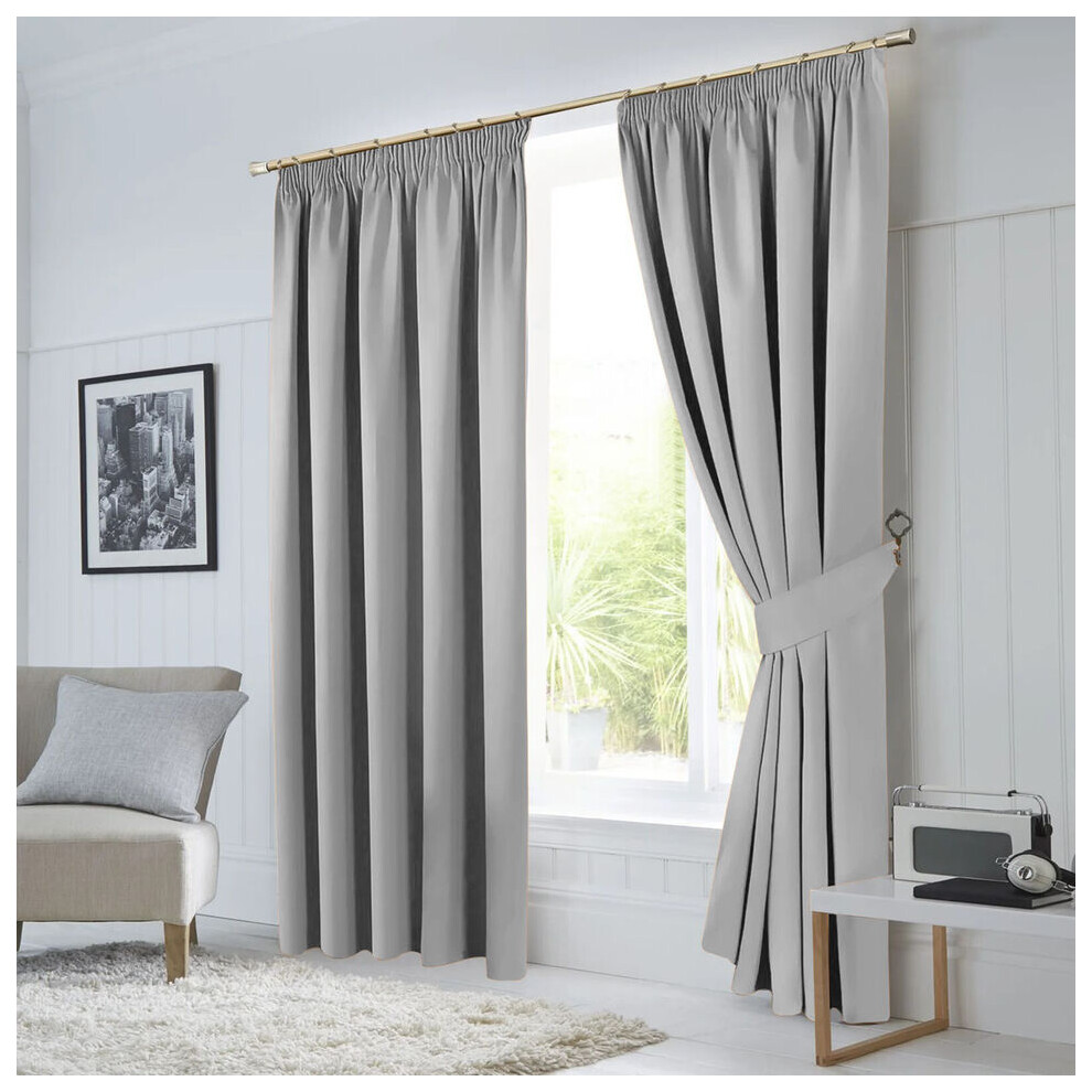 (Silver Light Grey, 90" x 90") Thermal Plain Curtain Pair Blackout Curtains Pencil Pleat Ready Made Pair of Curtain Panel with tie backs