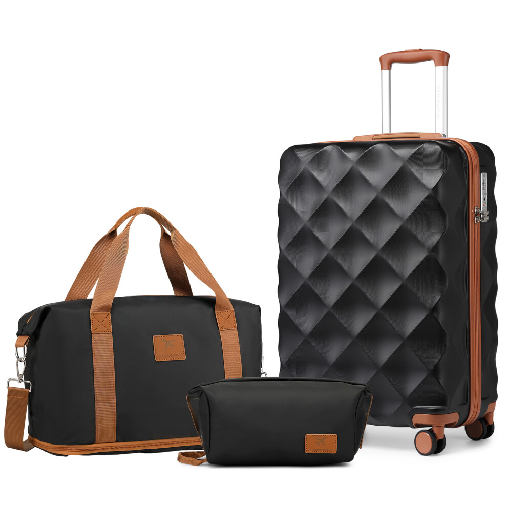 (Black Brown, 20 inch + 2 Bags) 3 to 6 pieces Travel Set ABS Hard Shell Suitcase And  36L Travel Bag Clutch Bag