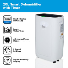 BLACK+DECKER BXEH60014GB 20L Smart Dehumidifier, 4 Modes, Quiet, 6.5L Water Tank, 24 Hour Timer, White