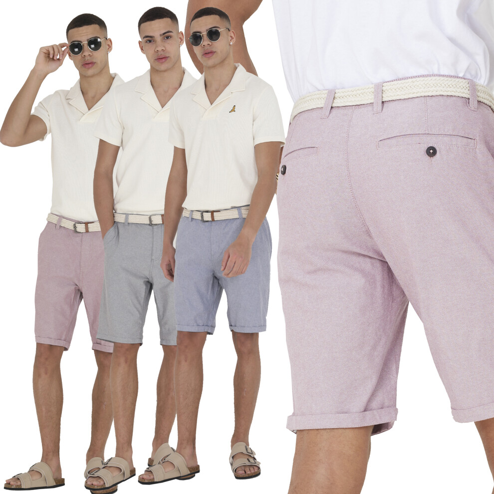 (Red, Pink Men Above Knee Cotton Belted Chino Short, M) Mens Brave Soul Shorts Cotton Casual Belted Chino