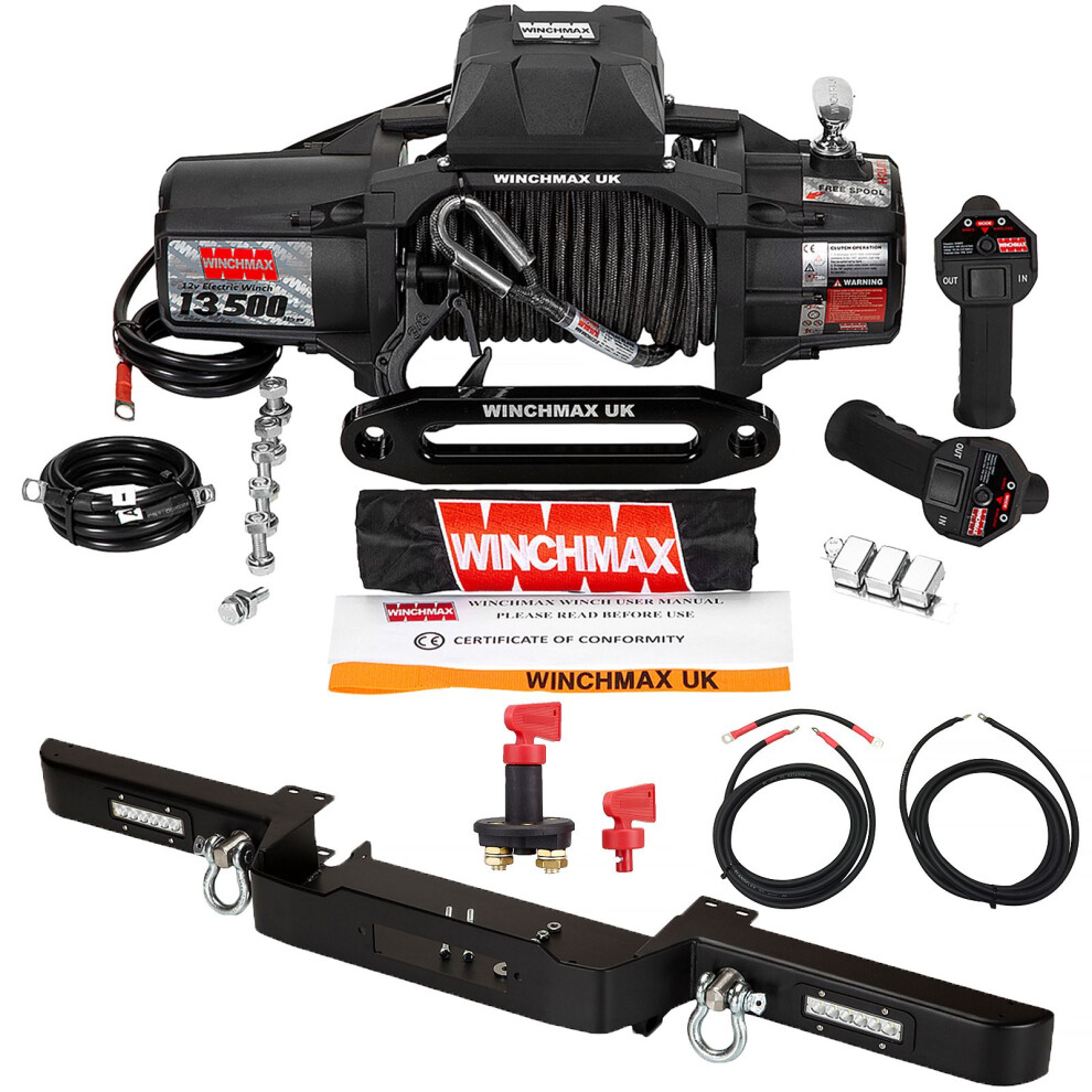 13,500lb 'SL'  Military Grade 12V Winch. 25m x 10mm Armourline Rope. Defender Winch Bumper.