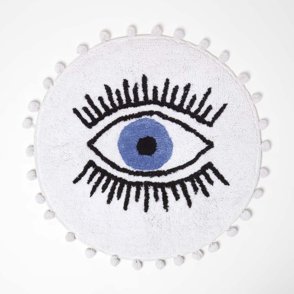 Eye See You Natural Cotton Bath Mat with Pom Pom Edges