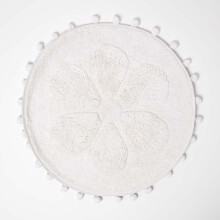 (White) HOMESCAPES Floral Bath Mat 100% Cotton with Pom Pom Edges