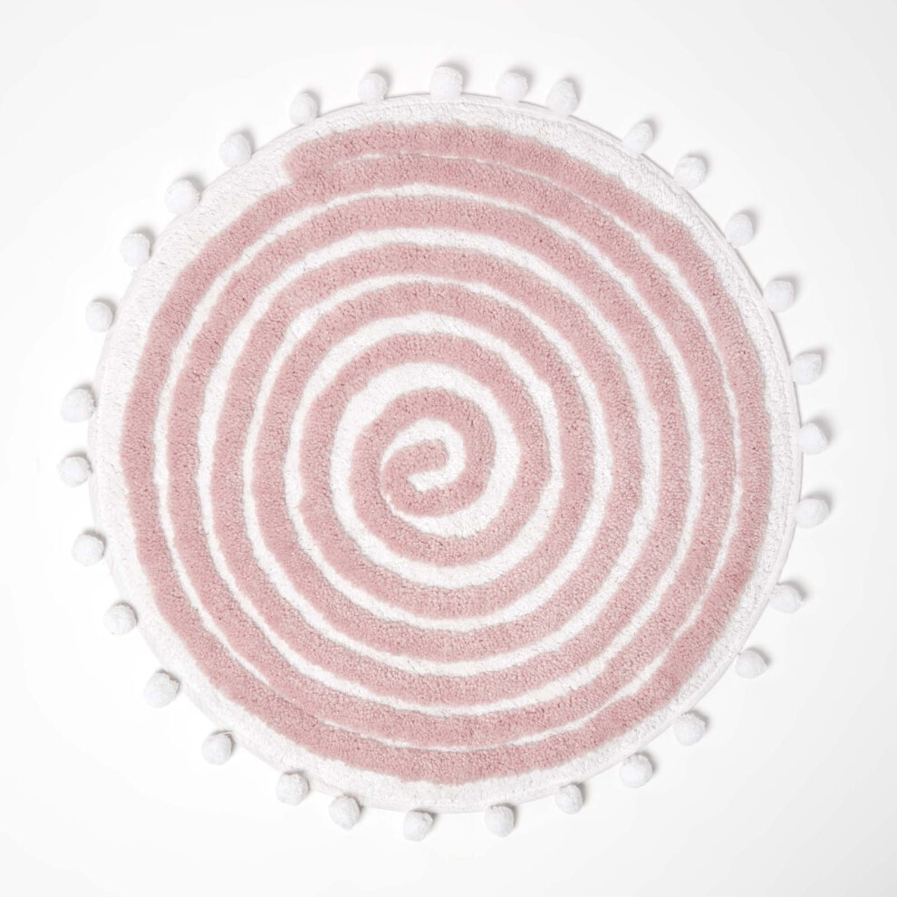 (Pink) HOMESCAPES Spiral Cotton Bath Mat with Pom Pom Edges