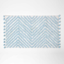 (Blue) HOMESCAPES Cotton Bath Mat Tufted Zig Zag with Pom Pom Edges 50 x 80 cm