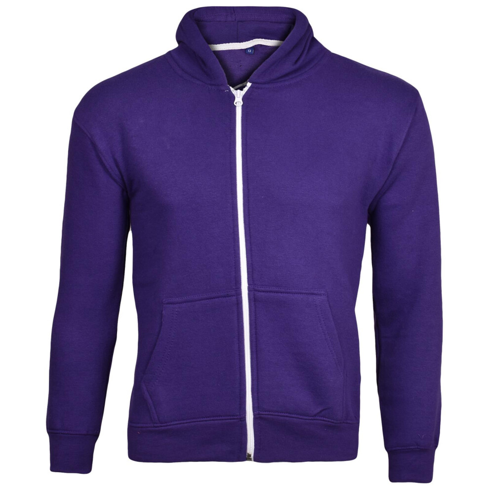 (Purple - No Cord, UK 13 Years) Kids Plain Zip Up Hoodie Without Cord Sweatshirt