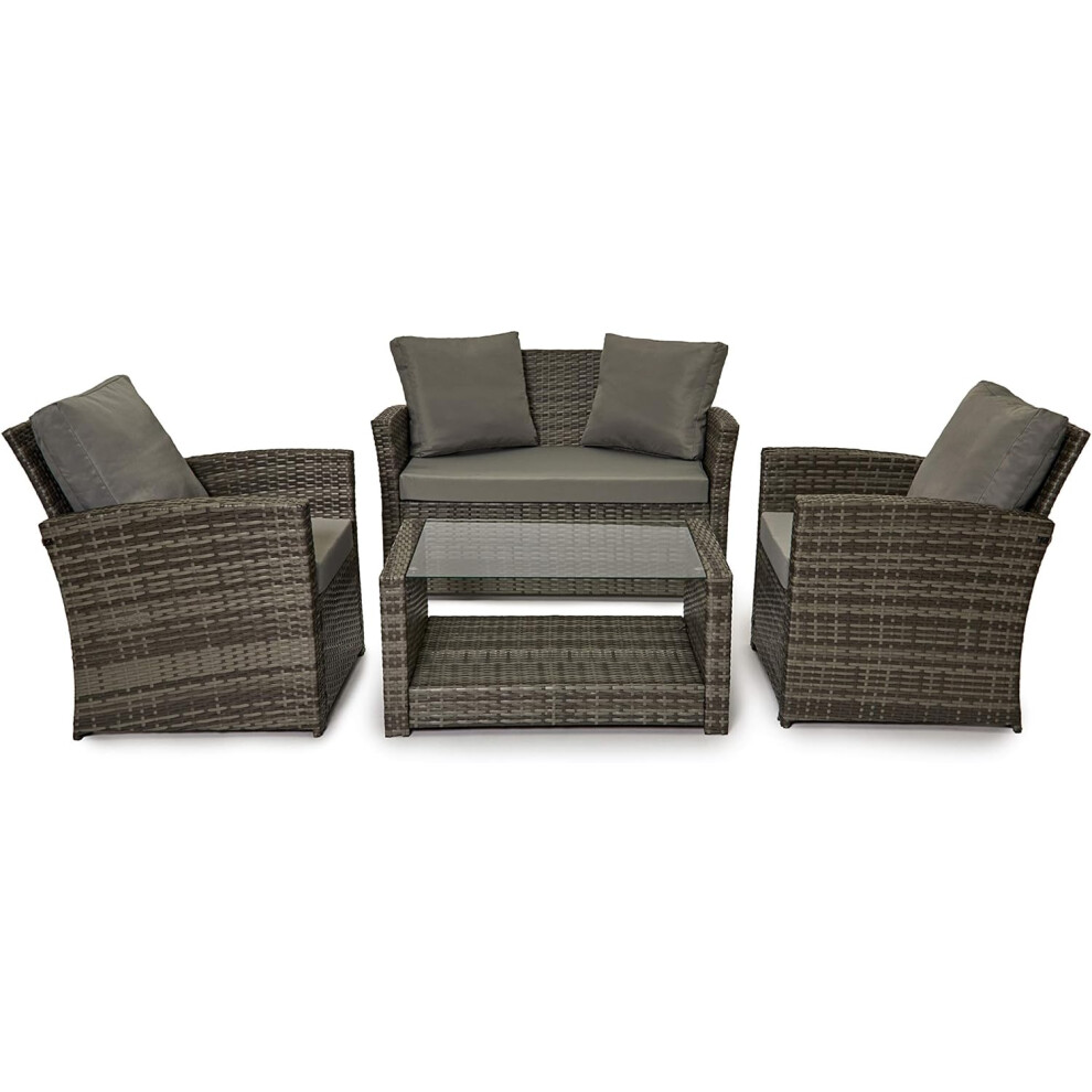 (Grey, Without Cover) EVRE 4 Seater Rattan Garden Conservatory Patio Furniture Sofa Armchair Roma Set with Glass Top Coffee Table Wicker Weave Sofa and Cushions