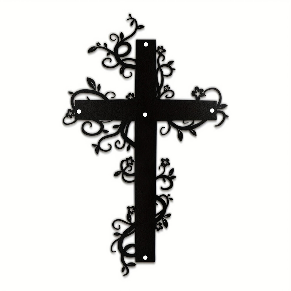 (Cross) Black Metal Wall Art Decor, Metal Cross Flower Grape Abstract Wall Sculpture Hanging