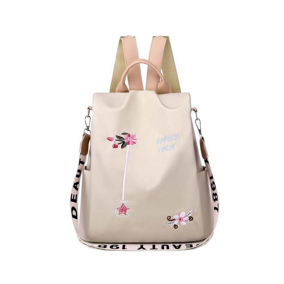 (Khaki) Ladies Embroidered Backpack Flower Antitheft Travel Small Rucksack Daypack