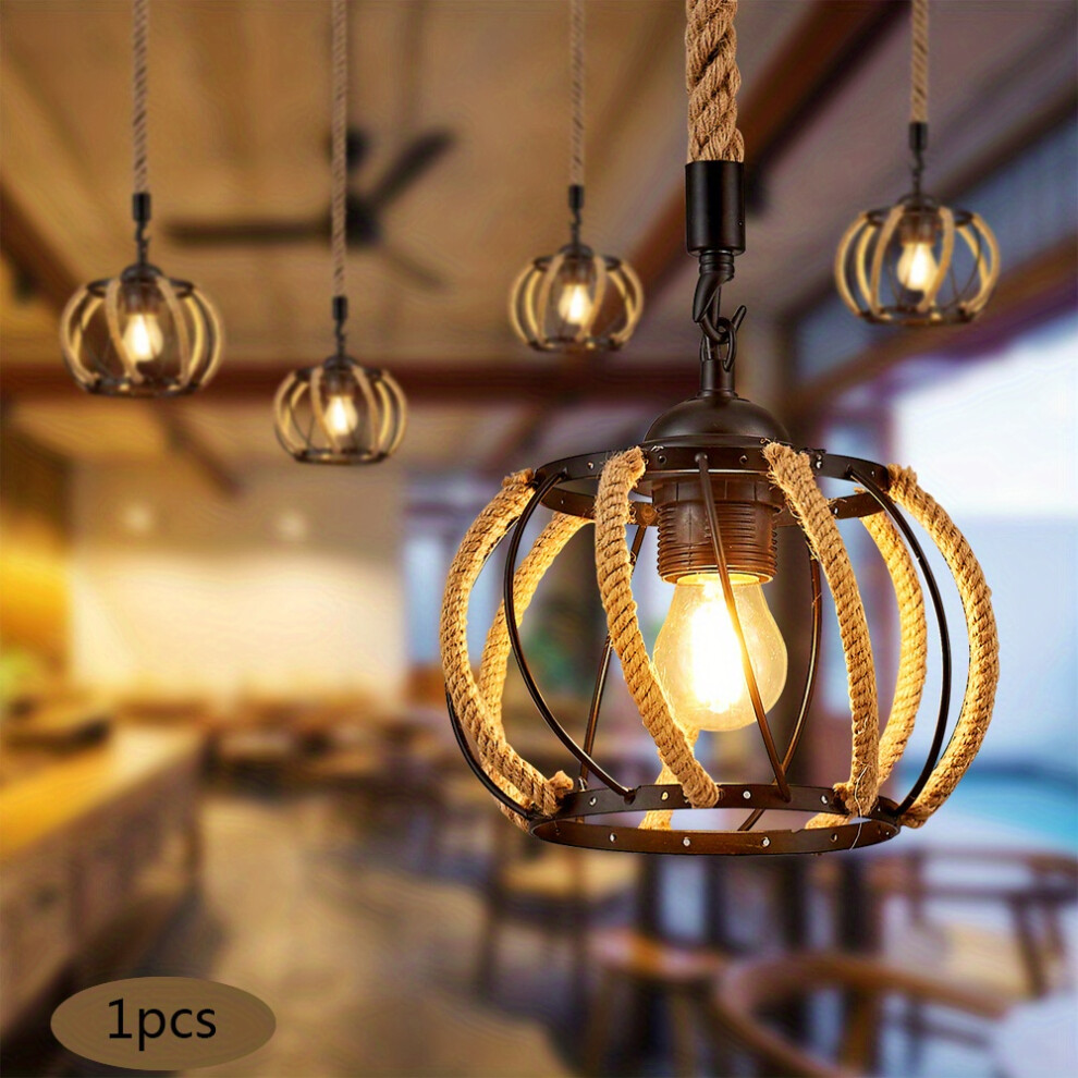 Xylfly (Black) 1Pc Hemp Rope Chandelier, Industrial Metal Cage Shade Hemp Rope Hanging Lamp Black