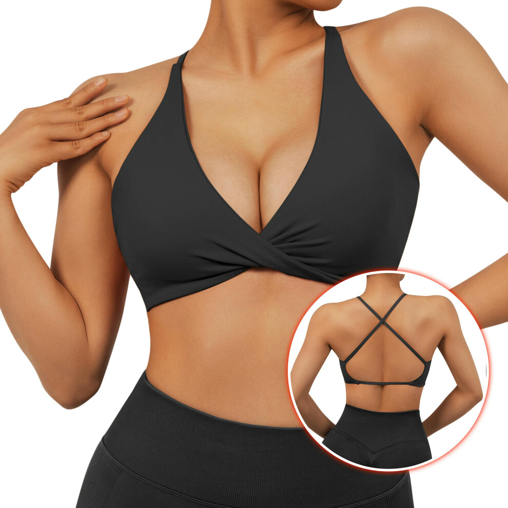 (SBYD008BK, M) Push Up Sports Bra Women Underwear Padded Bralette Sports Bra Cross Criss Top Backless Training Fitness Workout Yoga Bra Women