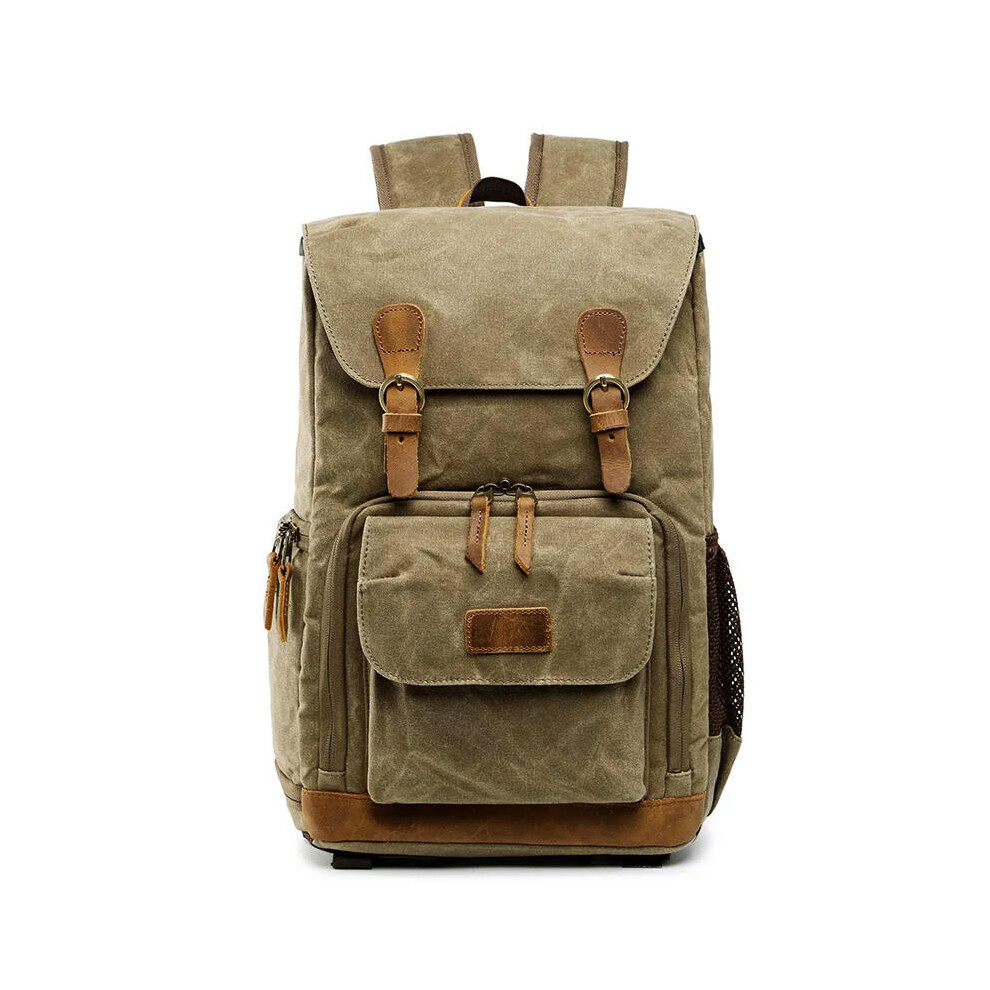 (Khaki) Waterproof Camera Bag Backpack Large Capacity Photo Bag Batik Canvas Camera Lens Case Canon Nikon for 15 Inch Laptop