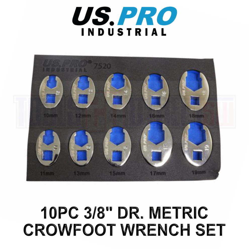 Us Pro Industrial 10Pc 3/8" Dr. Metric Crowfoot Wrench Set In Eva Tray 10 - 19Mm 7520 5060848158207