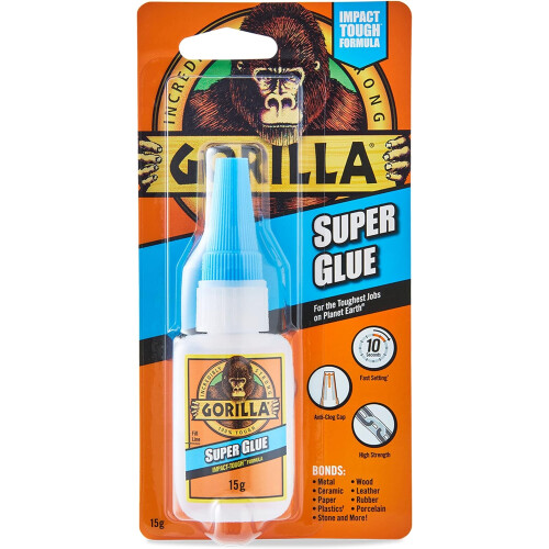 Gorilla Gorilla Super Glue, 15g All Purpose, Impact Tough & Fast Setting with Anti-Clog Cap Ideal for Metal, Ceramics, Leather & More