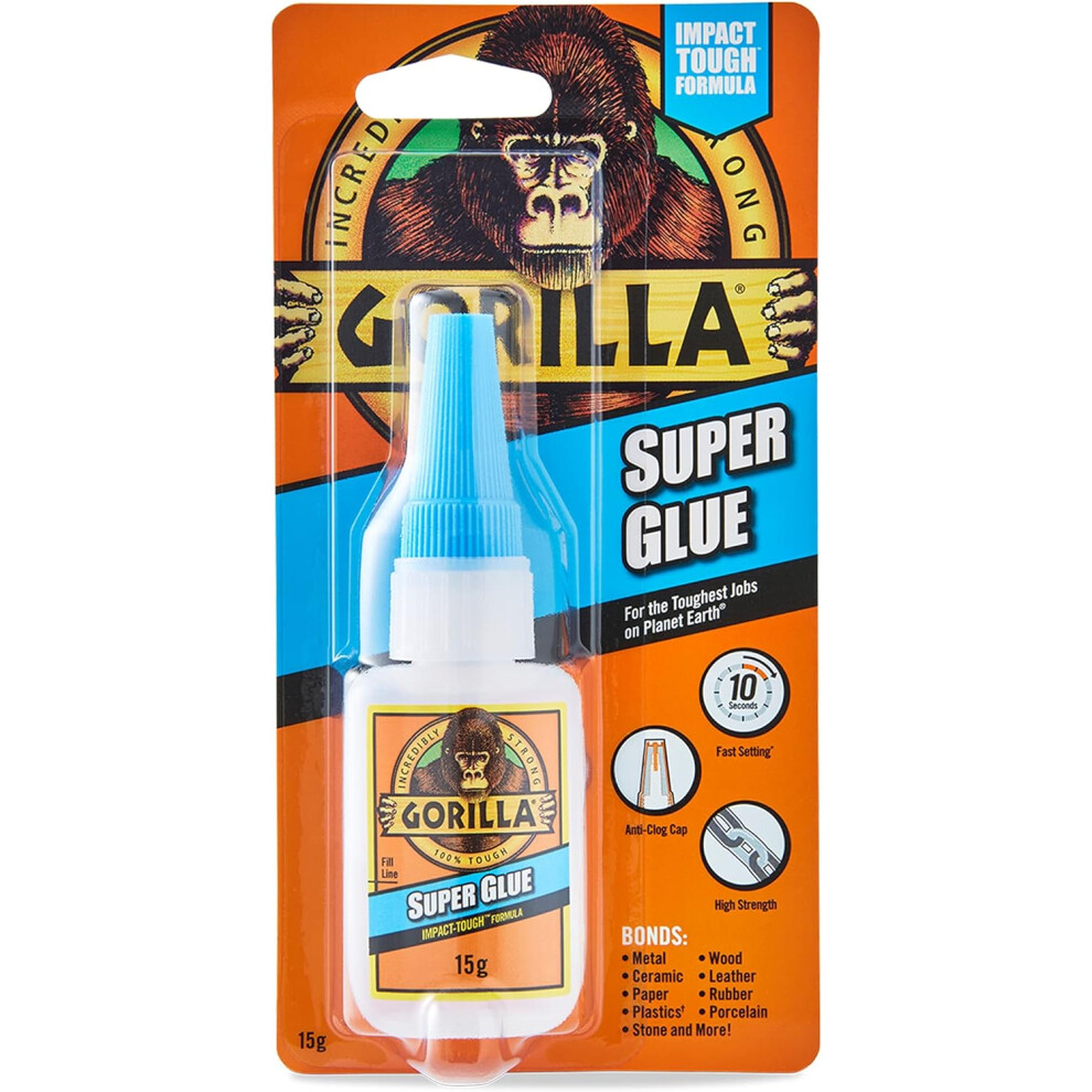 Gorilla Super Glue, 15g All Purpose, Impact Tough & Fast Setting with Anti-Clog Cap Ideal for Metal, Ceramics, Leather & More