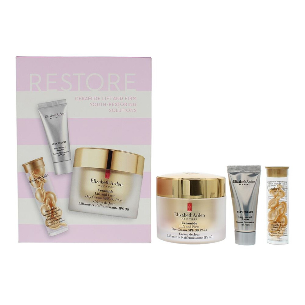 Elizabeth Arden Restore Gift Set: Ceramide Spf 30 Pa++ Day Cream 50Ml + Serum Capsules 7Pcs + Superstart Booster 5Ml