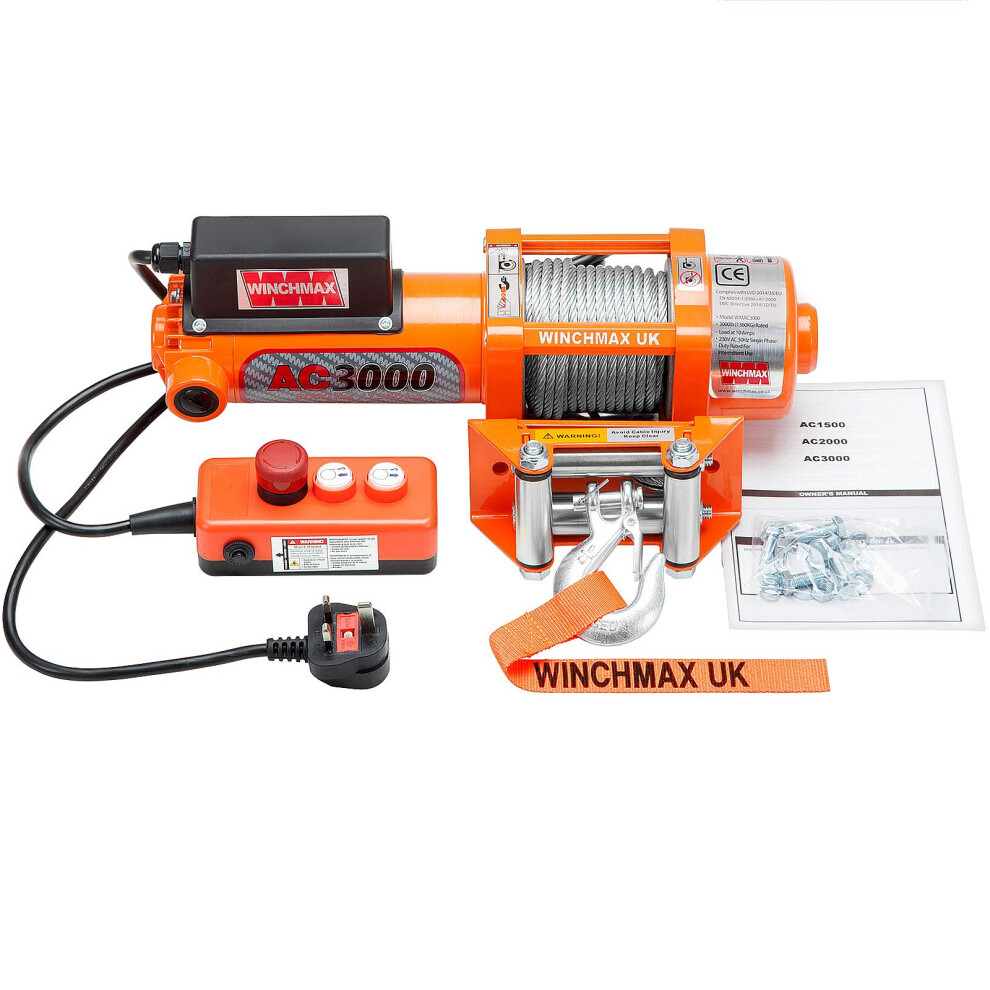 1,500lb (680kg) 240V 13A Single Phase Winch. 12.5m x 5mm Steel Rope.