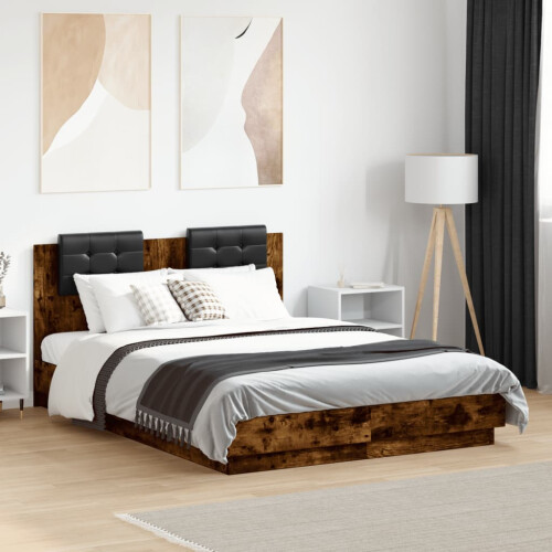 VidaXL vidaXL Bed Frame with Headboard Bed Smoked Oak Small Double Engineered Wood 2