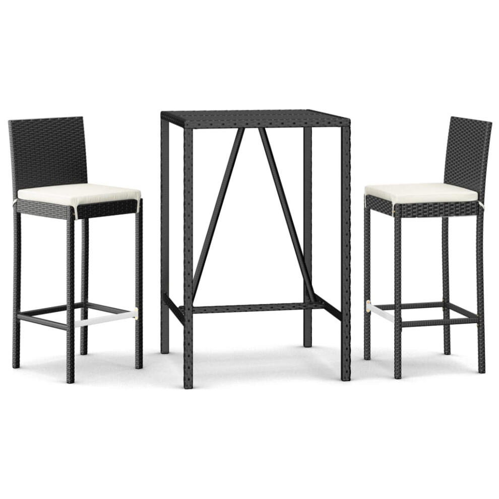 vidaXL Garden Bar Set Table and Chair 3 Piece with Cushions Black Poly Rattan