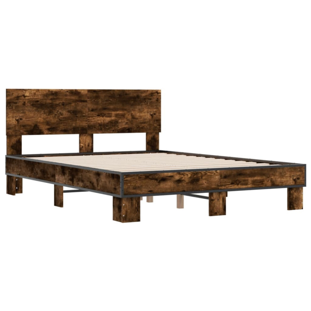 vidaXL Bed Frame Bed Smoked Oak 135x190 cm Double Engineered Wood and Metal