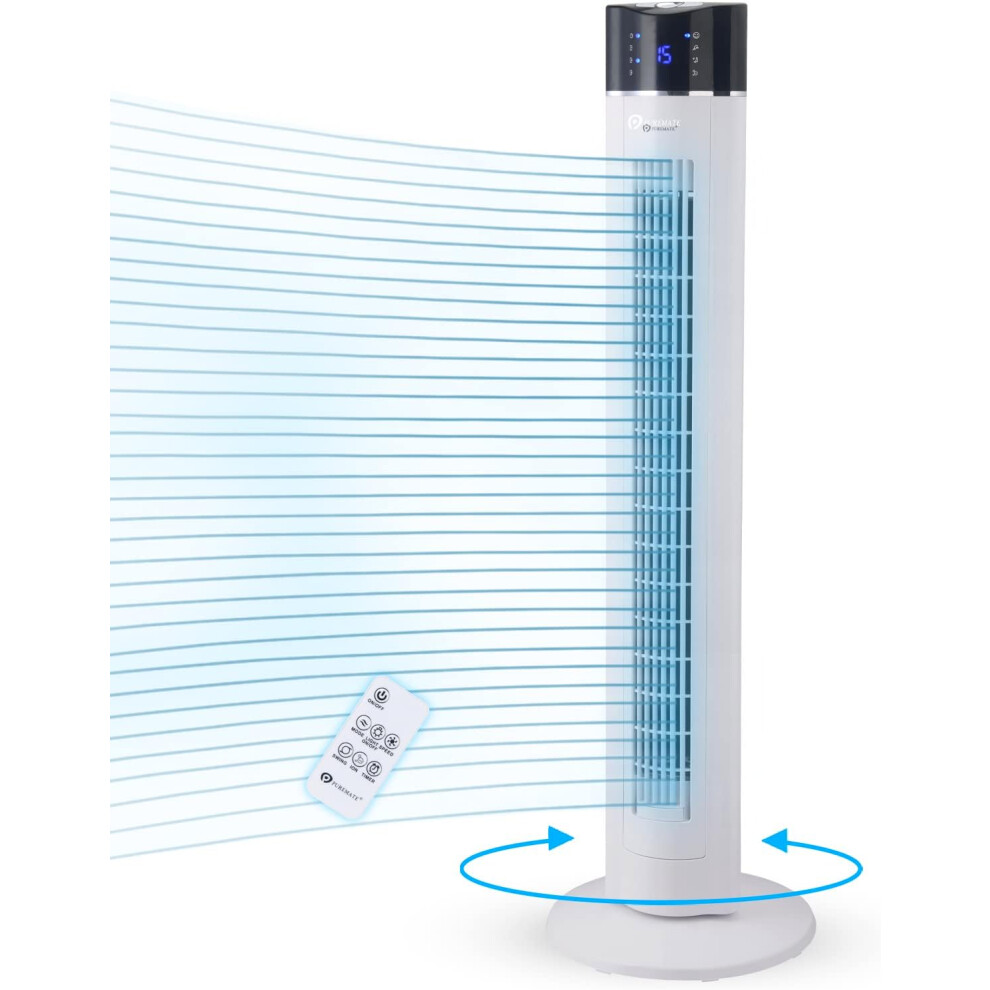 (White) 43" Oscillating Tower Fan with Air Purifier & Aroma Function, 3 Cooling Fan Speeds, Large LED Display, 8-Hour Timer, Portable Floor Bladeless