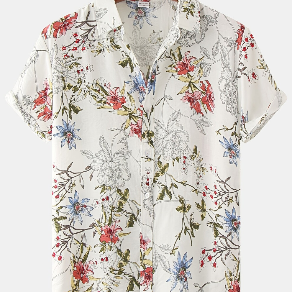 (White, XXXL(46-48)) Mens Casual Beach Style Floral Non-Stretch Short Sleeve T Shirt, Male Clothes For Summer